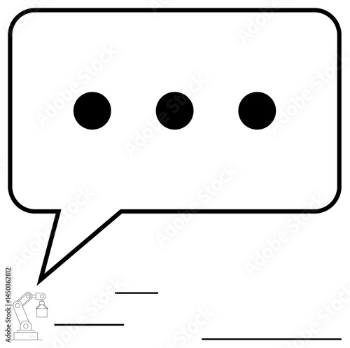 Speech bubble with three dots above a robotic arm conveying automation, communication, and innovation. Ideal for artificial intelligence, machine learning, human-robot interaction, tech solutions