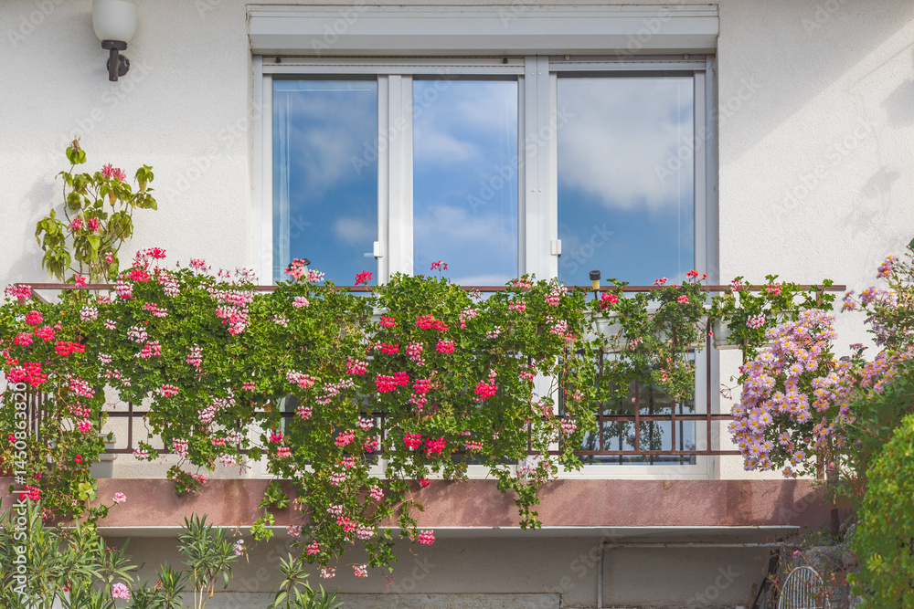 Sky and clouds reflecting in the windows of a building in Ohrid.