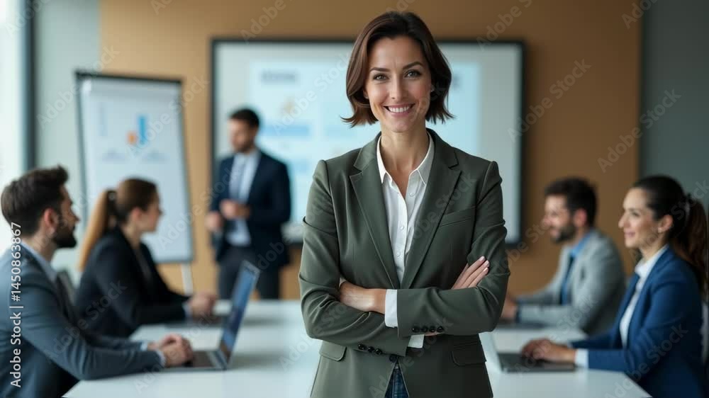 Confident Businesswoman Leading Team Meeting, Modern Office Confident Businesswoman Leading Team Meeting, Modern Office