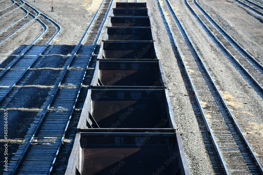 Railyard from above. Several lined up cars waiting for loading. Railyard from above. Several lined up cars waiting for loading.