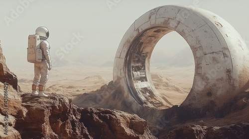 An astronaut girl stands in front of a futuristic arch, gazing at the rugged rocky landscape of a distant planet below a pale sky.