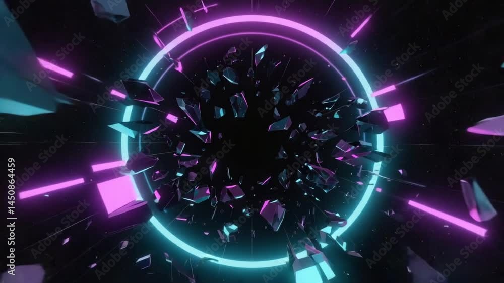 4K film transition punch hole effect, shattered neon glowing fragments, glitchy flickering, black grunge abstract background with noise distortion, high-quality, retro 80s VHS aesthetic