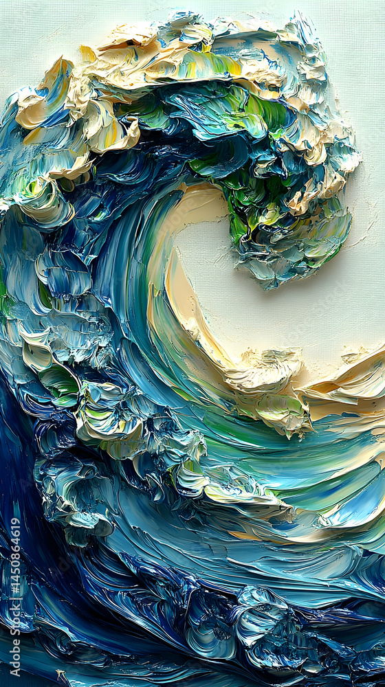 Fototapeta premium Abstract painting of a powerful wave, showcasing textured brushstrokes of blues, greens, and creams