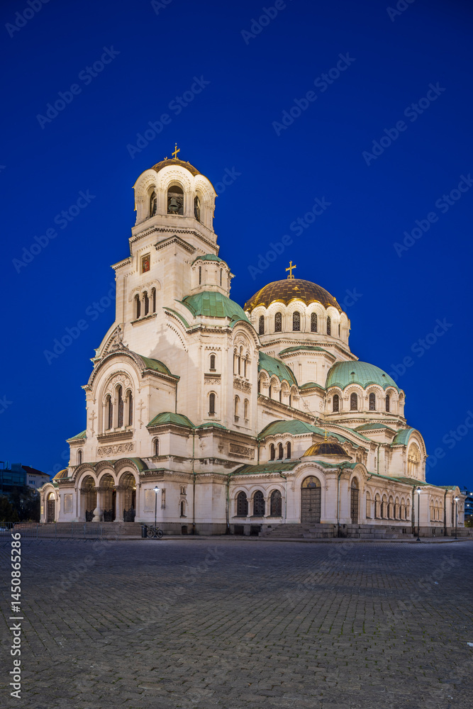 The Saint Alexander Nevsky Cathedral lit up at night. The Saint Alexander Nevsky Cathedral lit up at night.