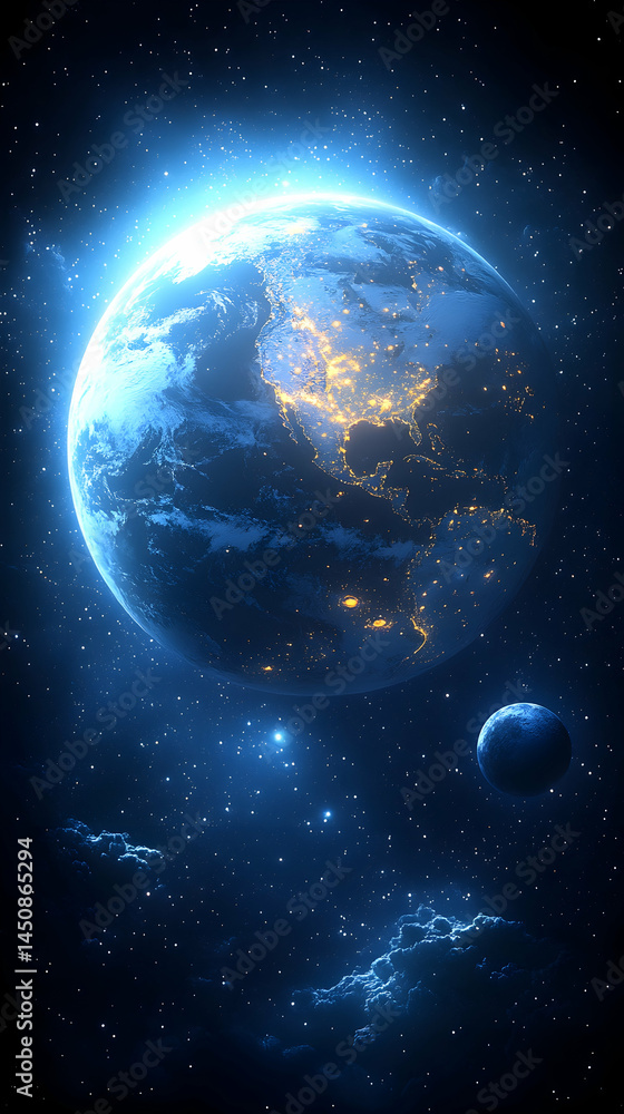 Obraz premium Earth in the vastness of space, illuminated by celestial light. A vibrant blue planet, detailed with continents, surrounded by cosmic dust and other celestial bodies
