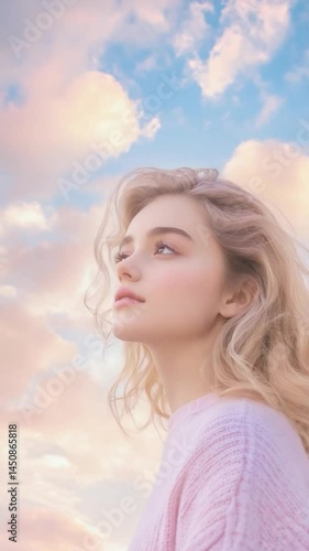 A blond child's smiling face, full of summer happiness under the blue sky in the park