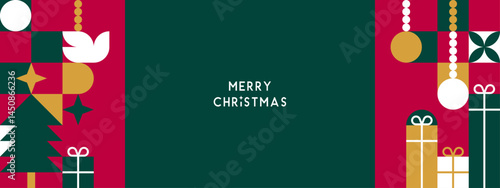 Merry christmas banner template geometric retro style. ratio 8:3 in flat design