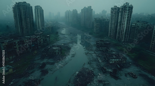 A desolate cityscape, choked by ruins, a river winds through the decay.  Gray, overcast, and ominously quiet