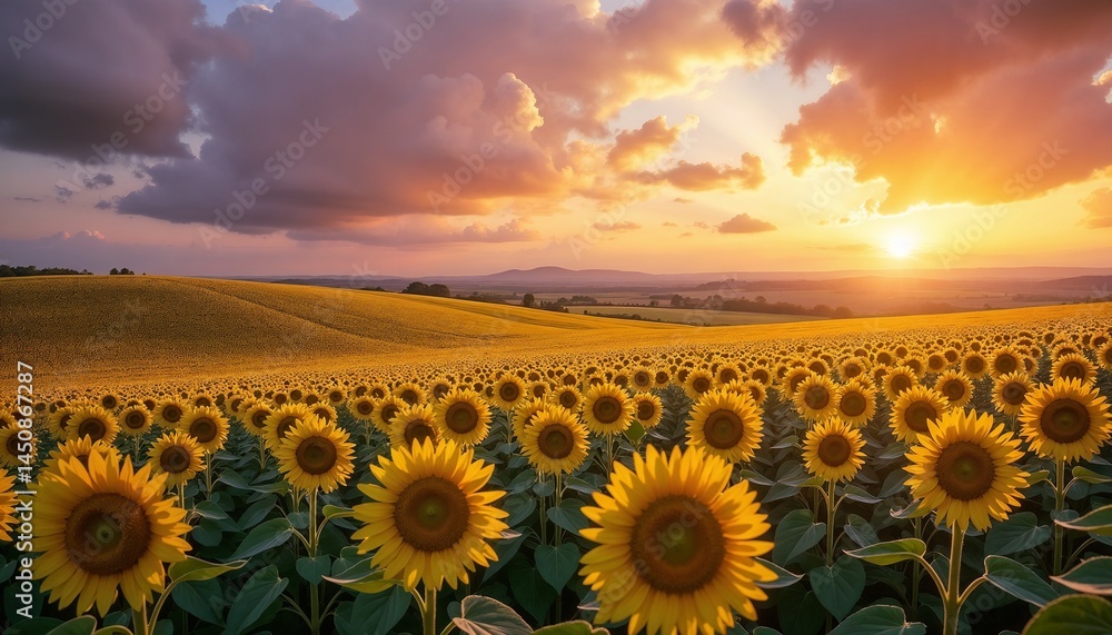 Obraz premium Vibrant sunflower field abundant representing natural beauty against a dramatic painterly sunset sky