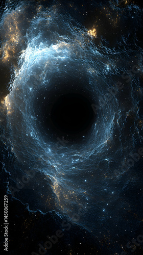 A swirling vortex of cosmic nebulae leading to a black hole.  Intensely colored, swirling, and dynamic celestial event