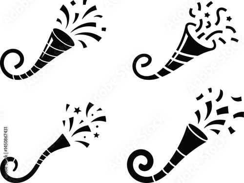 Silhouette Set of Party Blower with Confetti – Festive Celebration Vector Icon in Black on White