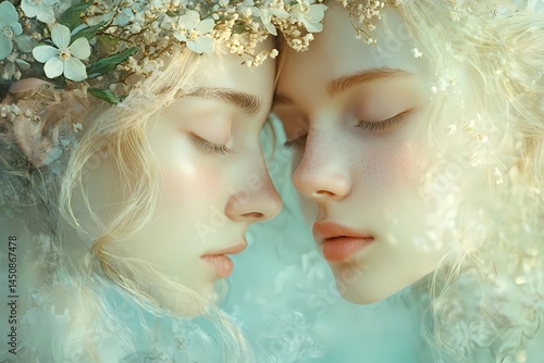 Dreamy fantasy portrait of two ethereal blonde women symbolizing Gemini zodiac sign, with floral crowns and closed eyes, in soft pastel tones of mint, cream, and light gold on a glowing background.