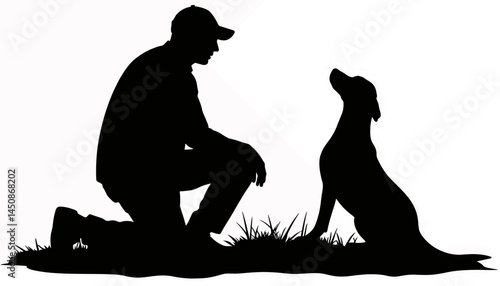 Hunter kneeling with dog silhouette, bond in nature