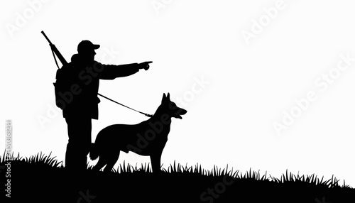Hunter pointing with dog silhouette, black and white art