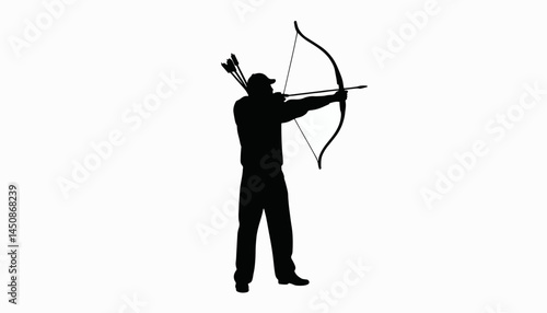 Silhouette of archer aiming bow against white background, archery practice