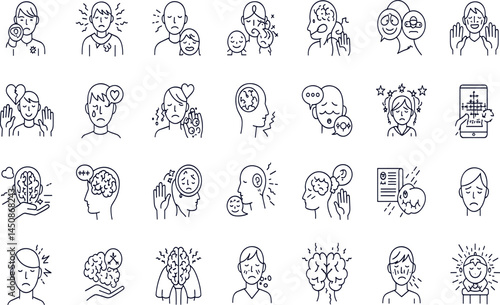 Mental Disorders line icon set. Vector pictograms of health conditions, anxiety, depression, ADHD, OCD, PTSD, autism spectrum, insomnia, phobias, borderline personality