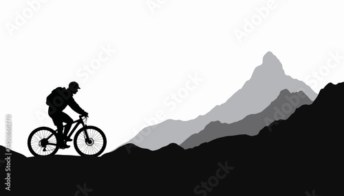 Cyclist silhouette biking on mountain trail, adventure and exploration