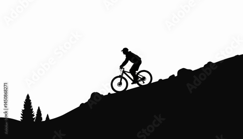 Silhouette of a cyclist riding uphill on mountain trail, determination