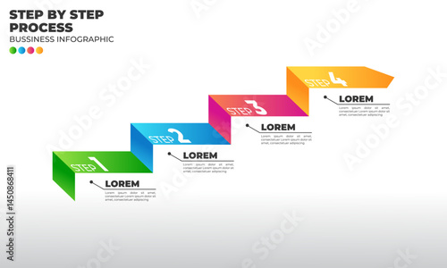 Editable 4-step infographic diagram in a clean flat design. Arranged as rising steps to the top-right, symbolizing progress and direction. Ideal for showing workflows, timelines, project stages, or go