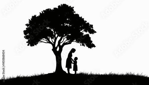 Silhouette of woman and girl bonding under a tree, maternal love