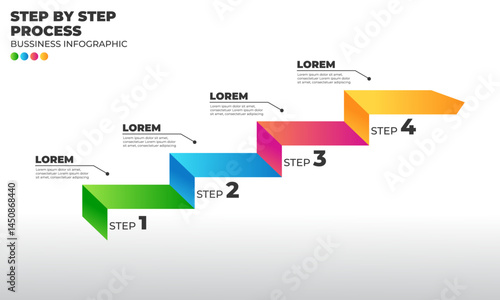 Editable 4-step infographic diagram in a clean flat design. Arranged as rising steps to the top-right, symbolizing progress and direction. Ideal for showing workflows, timelines, project stages, or go