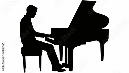 Silhouette of a man playing piano in black and white, musical artistry