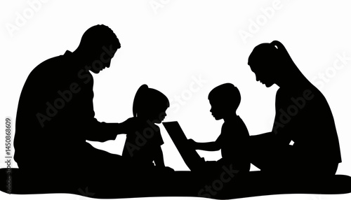 Family studying a map together, unity and exploration