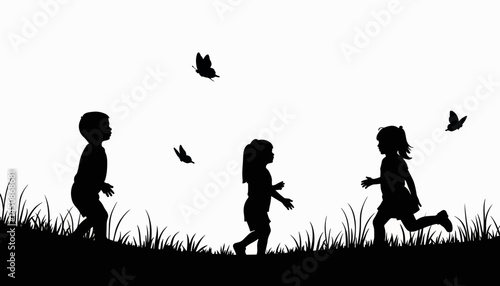 Children chasing butterflies in a meadow, playful innocence
