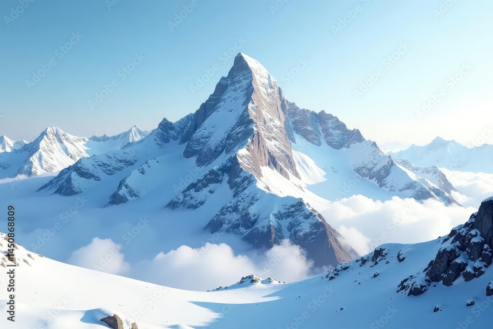 Naklejka premium Snow covered mountain peak, pristine white landscape, ice, outdoor