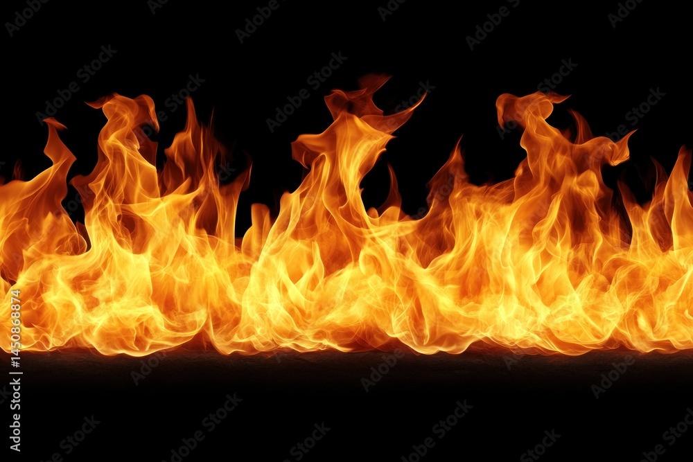 Fototapeta premium Fiery flames burning intensely against black background, ideal for design elements