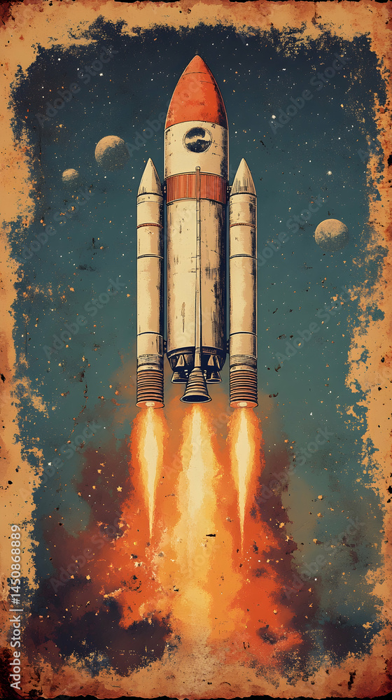 Naklejka premium Retro rocket launching into space, vintage style. Flames and smoke billow from the boosters, with planets visible in the background