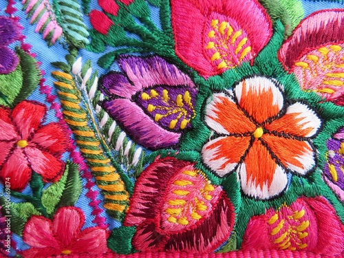 colorful mexican flower background embroided  handmade textile 
