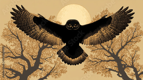 Illustration of an owl flying at night with moon and trees, owl art, nocturnal art print, 95 char