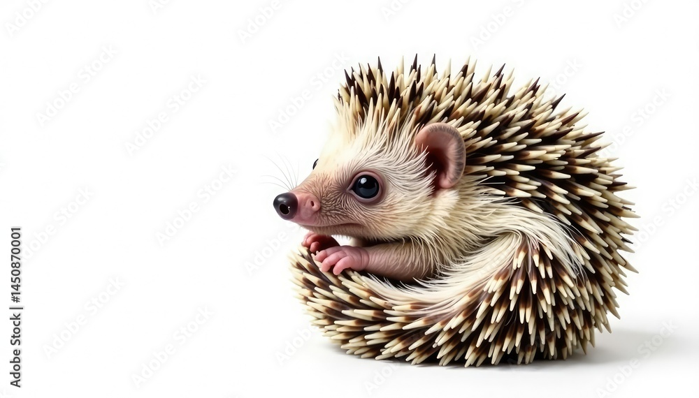Obraz premium Tiny hedgehog curled in a ball, isolated on pure white background, fur, mammal