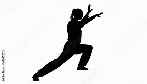 Woman practicing tai chi in silhouette, harmony and balance
