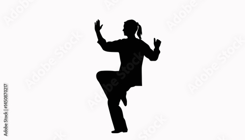 Serene silhouette of a woman practicing tai chi, mindful movement