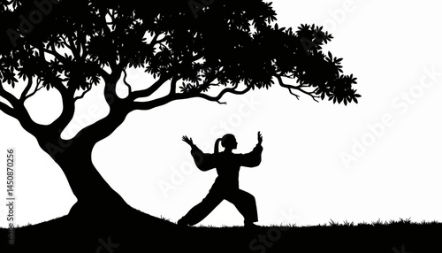Silhouette of a woman performing tai chi under a tree, inner peace