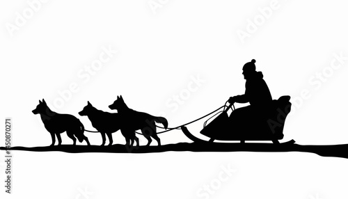 Musher steering dog sled team through snow, winter adventure