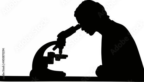 Focused researcher examining microscope silhouette, scientific exploration