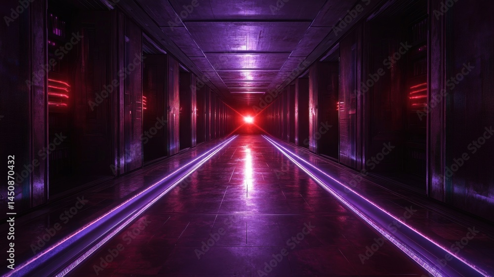 Fototapeta premium Futuristic purple neon corridor, glowing lines, dark metallic walls, background light, sci-fi scene