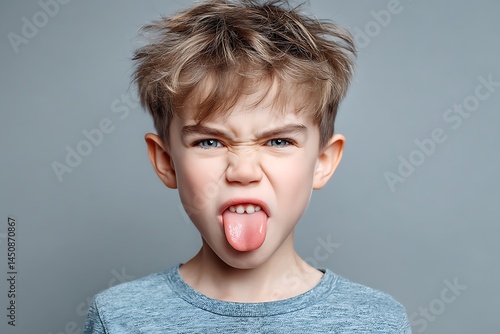 A six-year-old boy making a bratty face while sticking out his tongue, isolated with space for text or design.