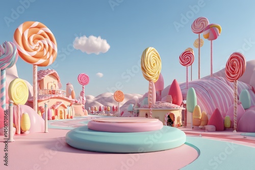 Candyland scene with pastel colors, lollipop trees, and a circular platform in the center. The overall style is whimsical and childlike.