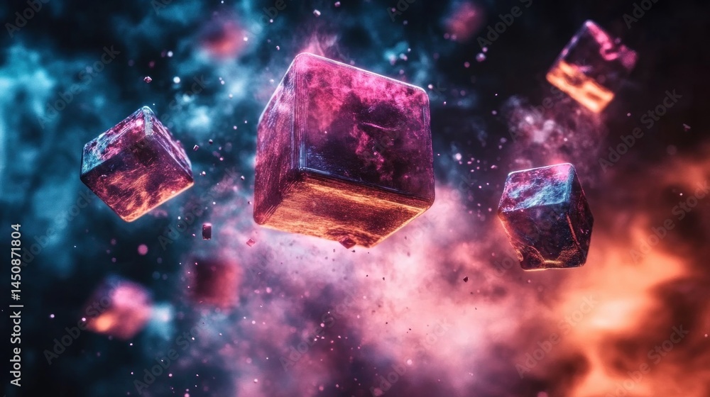 Fototapeta premium Glowing cubes float in cosmic dust; abstract art for sci-fi