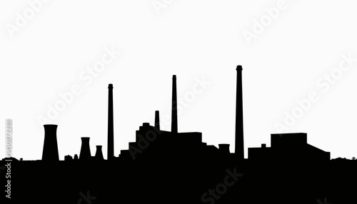 Silhouette of industrial smokestacks against white background, environmental impact