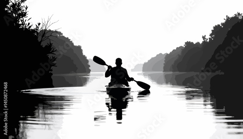 Silhouette of a kayaker paddling on a calm river, peaceful reflection