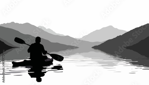 Silhouette of a kayaker paddling on calm river at sunset, adventure spirit