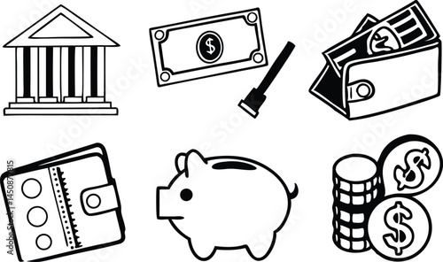 Collection of financial line icon vectors representing money and business elements