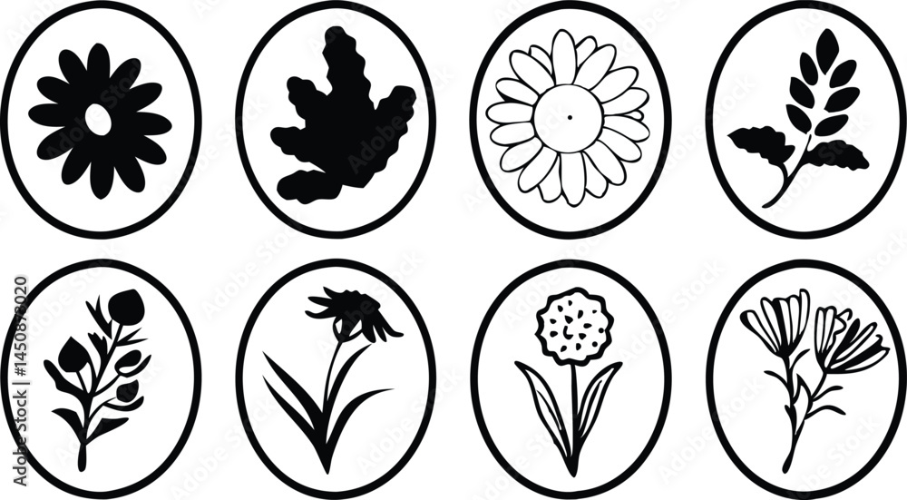 Black vector silhouette set depicting outline designs of medicinal herbs and natural remedies