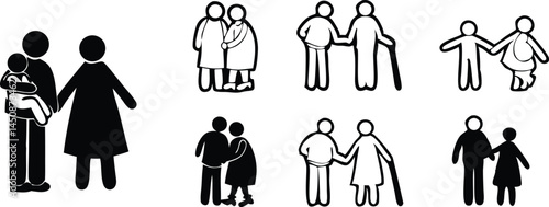 Minimalist black family relationship icon set depicting family structure and bonds in a vector format.
