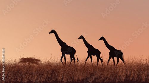 Giraffes silhouette walking african safari sunset background wildlife animals nature landscape photo